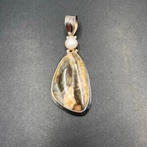 White Pearl Petrified Fossil Wood Agate Sterling Silver Peace Stone Pendant